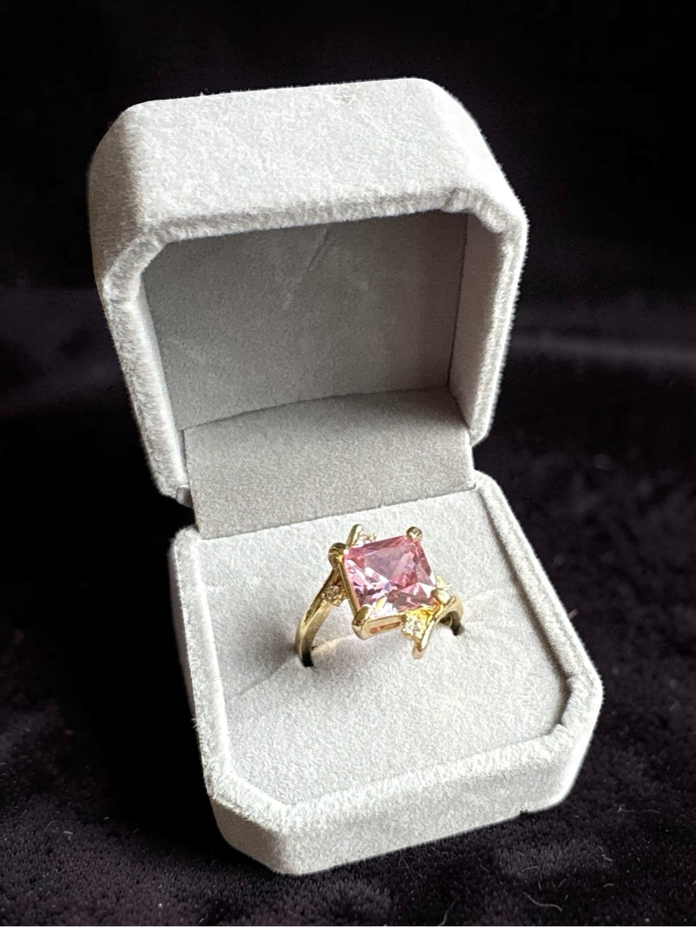 Gold Ring with Square Pink Crystal - Elegant - Picture 5 of 5